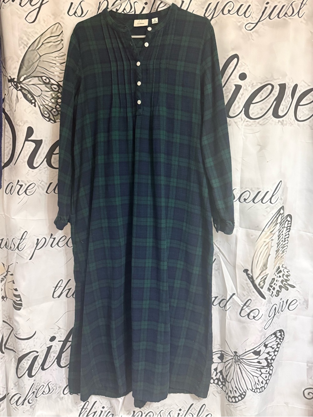 L.L. Bean Navy and Green Plaid Button-Front 100% cotton flannel nightgown